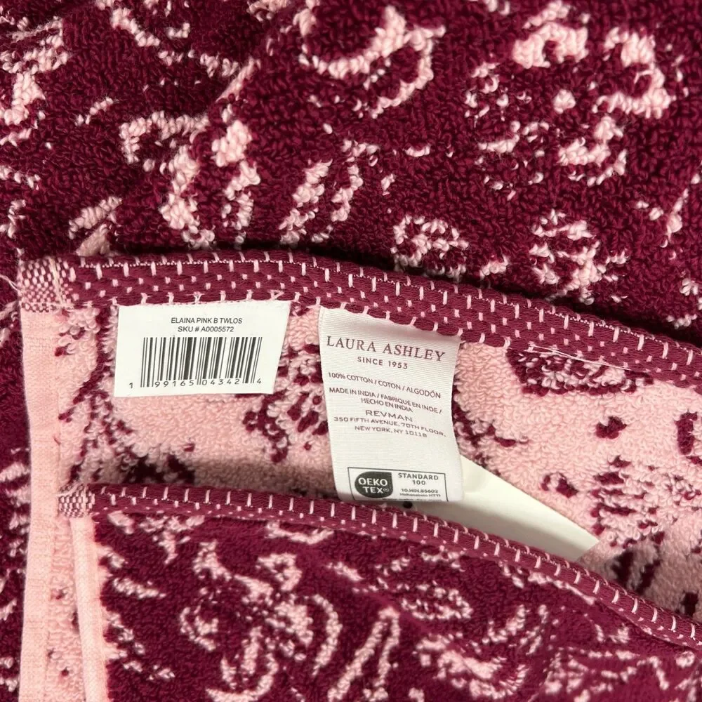 Laura Ashley Elaina Pink Floral Bath Towels Set of 2 Cotton New